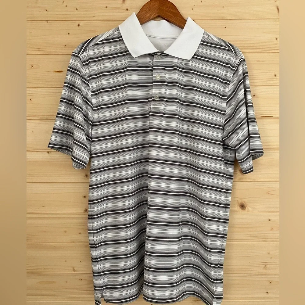 ACADEMY LTD Men's Small Classic Collar Black, Gray and White Striped Polo Shirt